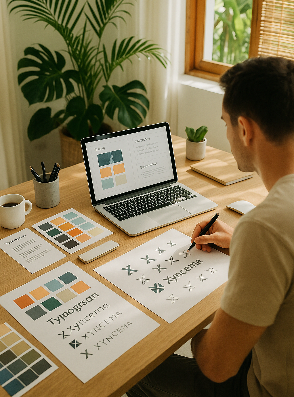 Creative branding workspace with logo and color palette sketches – Brand design by Xyncema Studio