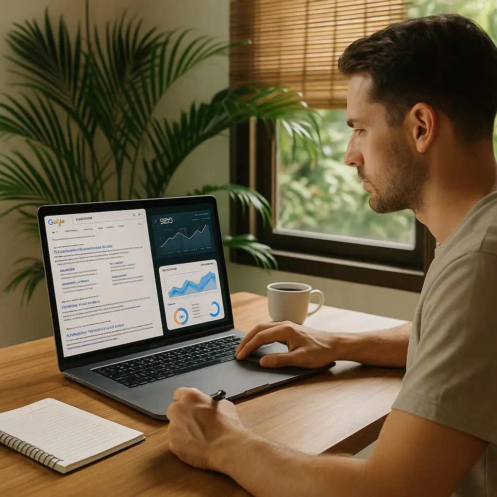 Digital marketing workspace with SEO analytics and Google ranking tools – Xyncema SEO services